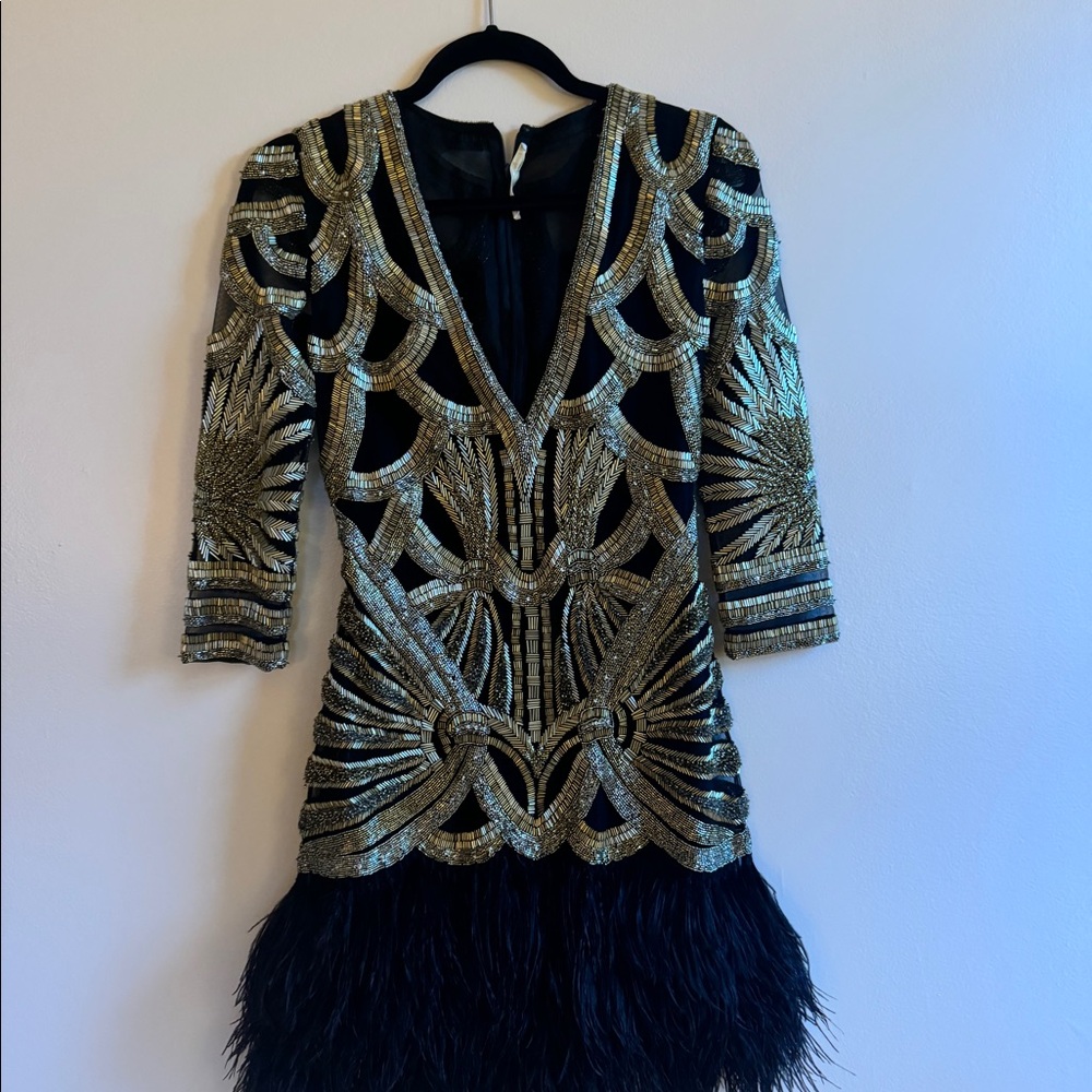 Naeem Khan beaded and feathered mini dress